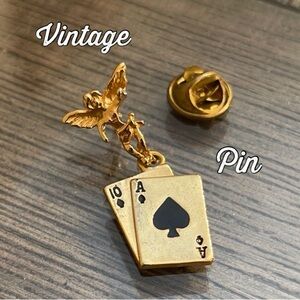 Vintage Lucky Angel on My Shoulder Pin with Playing Cards Charm